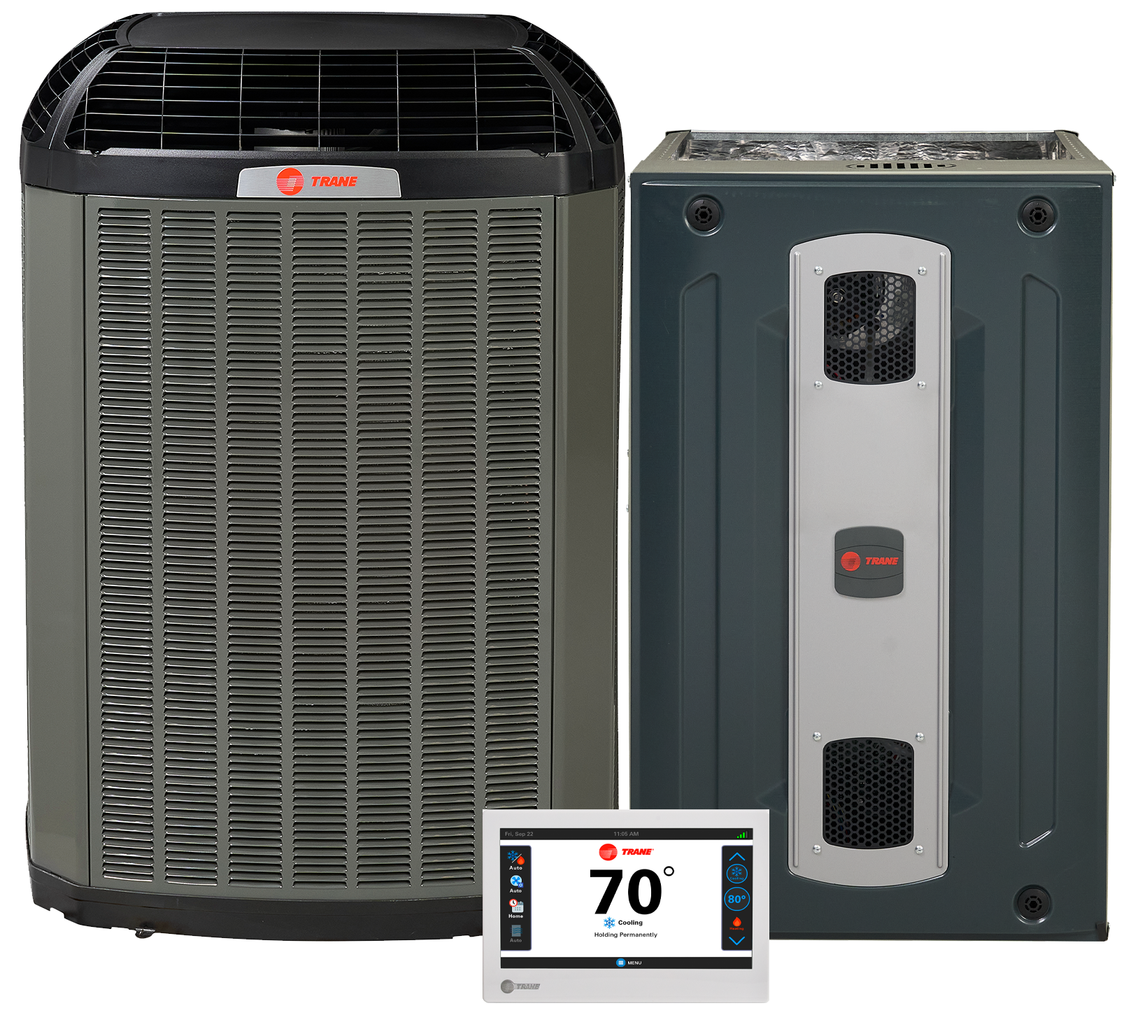 Trane HVAC system — condenser, air handler, and smart thermostat